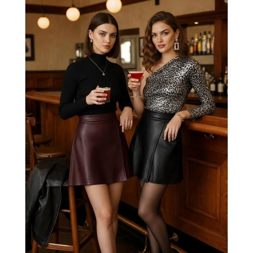 Women's Wine Red High Waist A Lined Faux Leather Trendy Outfit Mini Short Skirts